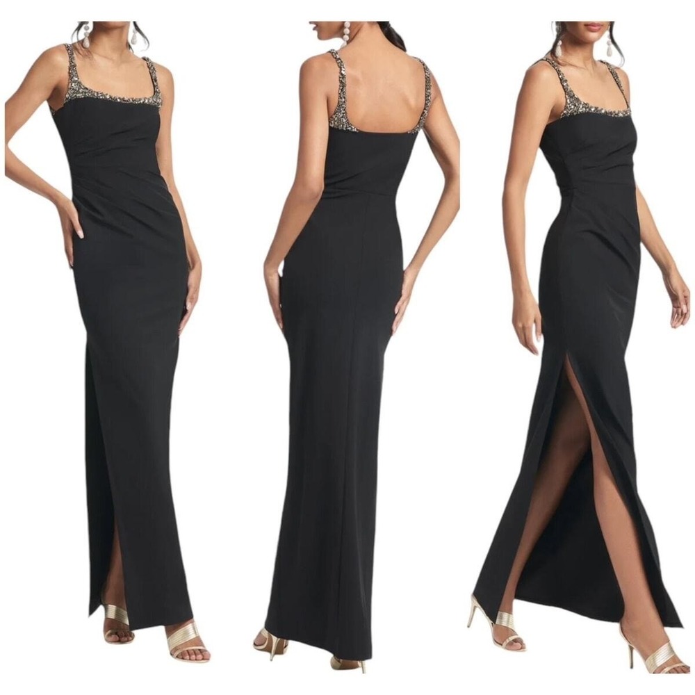 Sachin & Babi Black Sam Crystal Detail Body-Con Crepe Gown Ret $995 Sz:12 NWT